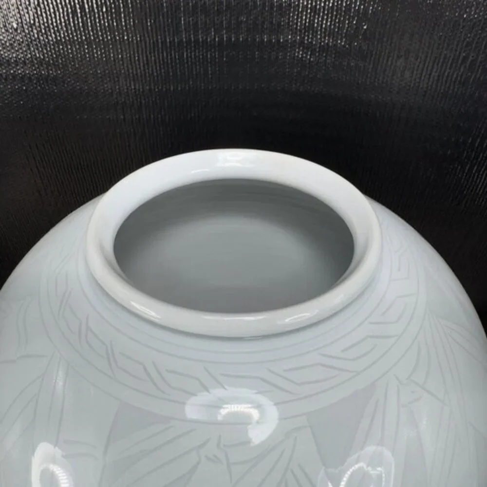 Celadon Pottery Vessel Vase With Bamboo‎ Pattern Light Green Artist Signed Vase